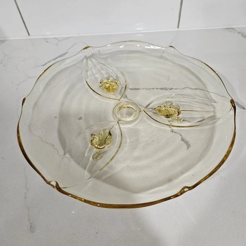 Vintage Lancaster Petal Topaz Yellow Depression Glass Footed 10" Cake Plate.