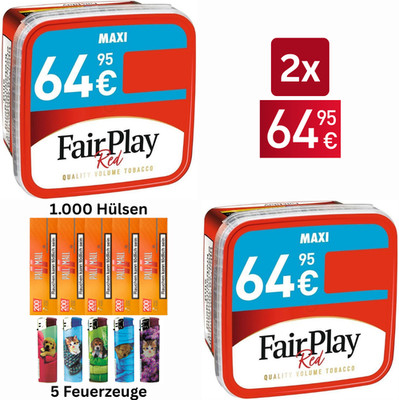 Fair Play Red 2x 300g Maxi Box Tabak Volumentabak + 1000 Hülsen + 5 Feuerzeuge