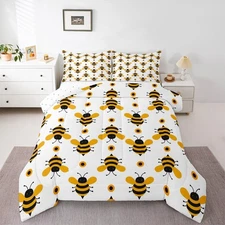 Yellow Bee Comforter Set Queen Kids Boys Girls Kawaii Cartoon Duvet Bedding