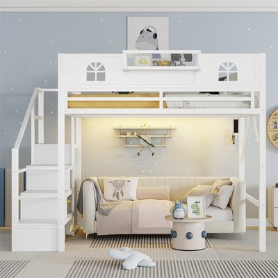 Full Size Loft Bed with Stairs,High Guardrails and Wardrobe Metal Loft Bed Frame