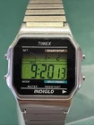 Vtg Timex Indiglo Men 36mm Watch LCD Digital Silver Tone Stretch Band - RUNS
