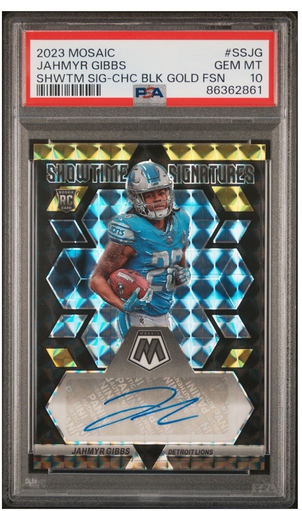 Jahmyr Gibbs Panini Mosaic Showtime Signature #SSJG Choice Black Gold Fusion
