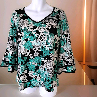 Established 1946 Popover Top M Teal Floral 3/4 Bell Sleeve V-neck Career Stretch