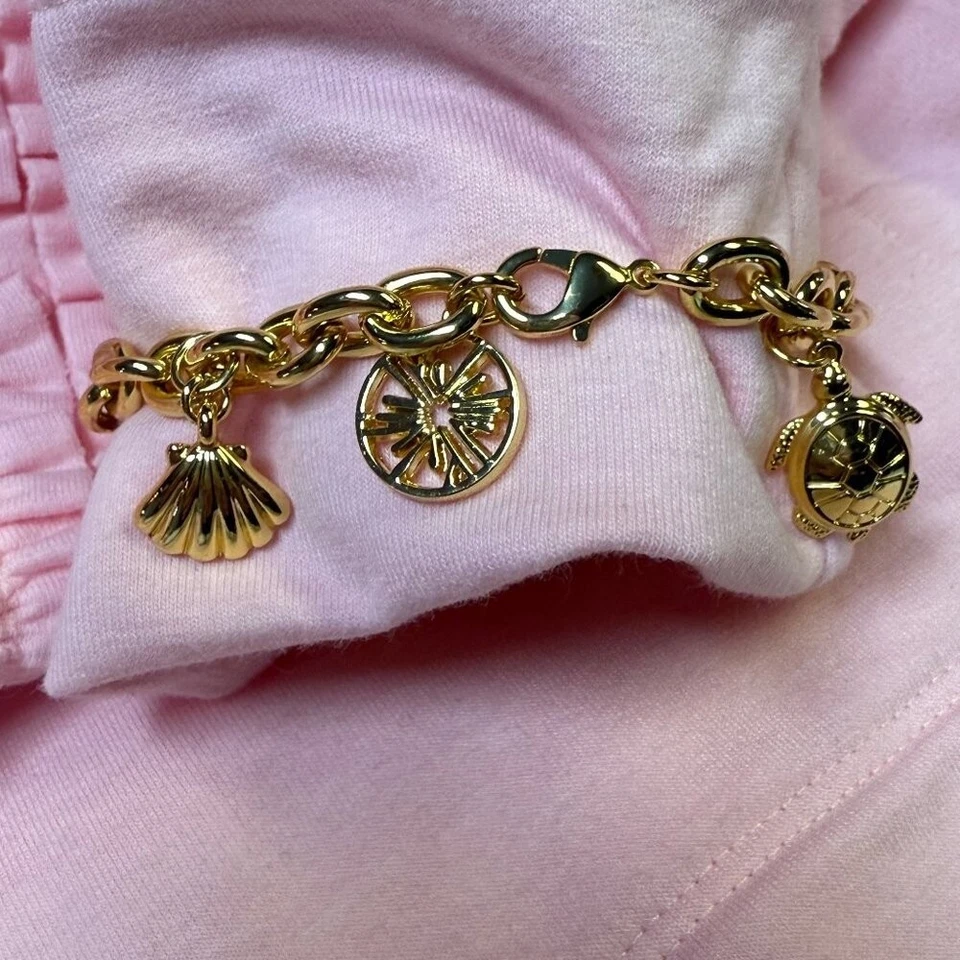 Lilly Pulitzer Gold Charm Bracelet w/ Dress Turtle Elephant Shell Orange EUC - Image 4 of 4