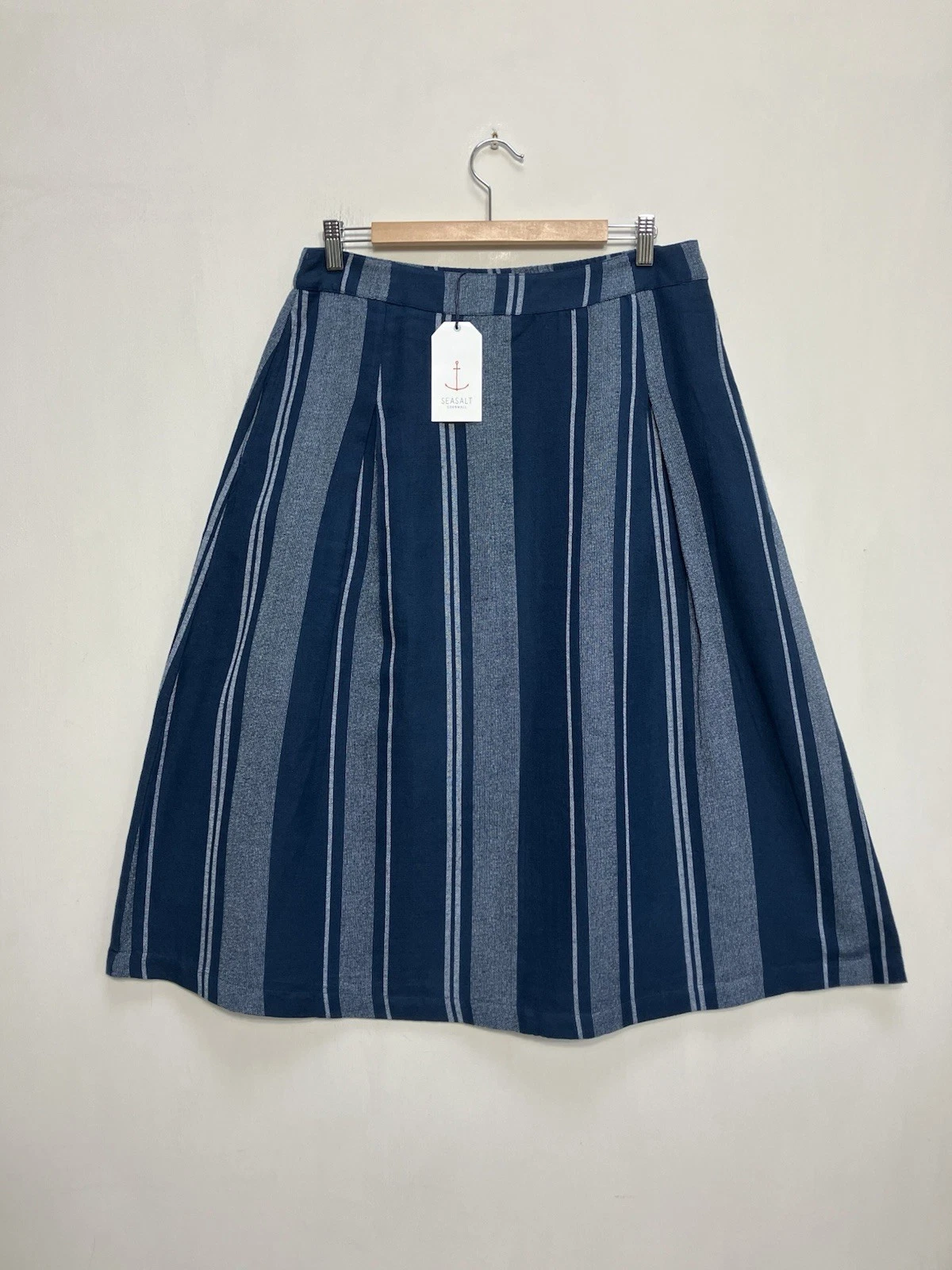 Seasalt Midi Skirt Size UK 14 Blue Stripe Cotton Linen Sandbank Nautical BNWT
