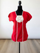 Mexican Oaxaca Huipil Dress Red Manta Cotton White Crochet Star from Coatlan