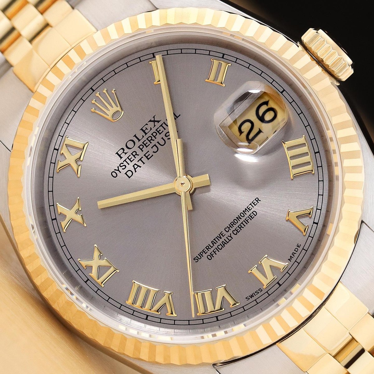 ROLEX MENS DATEJUST 16233 GRAY ROMAN DIAL 18K GOLD STEEL NO HOLES