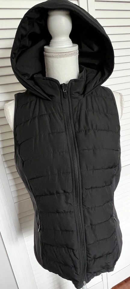 Chaleco acolchado con cremallera Tangerine para mujer con capucha y paneles elásticos negro mediano Foto 2 de 4