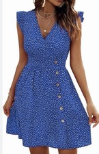 NEW Polka Dot Flutter Sleeve Button Front Empire Waste Short Dress Sz L, Blue