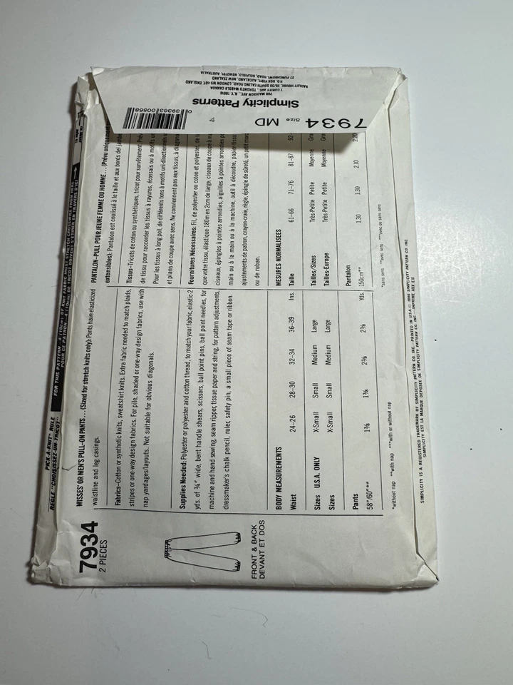 Simplicity Sewing Pattern 7934 Misses Or Men’s Pull-On Pants UNCUT Size M 32-34 - Image 3 of 4