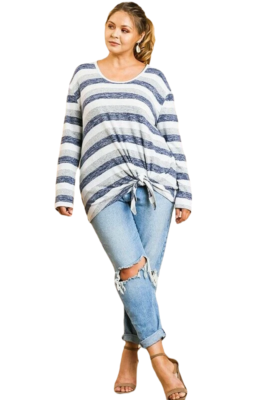 TALLA XL-PLUS 1XL UMEE AZUL MARINO Rayas Polar Corbata Frontal Top/Blusa BHCS Foto 3 de 4