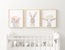 Nursery Bedroom Wall Art Prints Farm Animal Watercolour baby decor set of three
