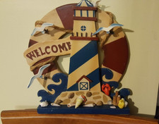Welcome Sign Lighthouse Beach Lake Porch Decor Wooden, shells, stones, birds
