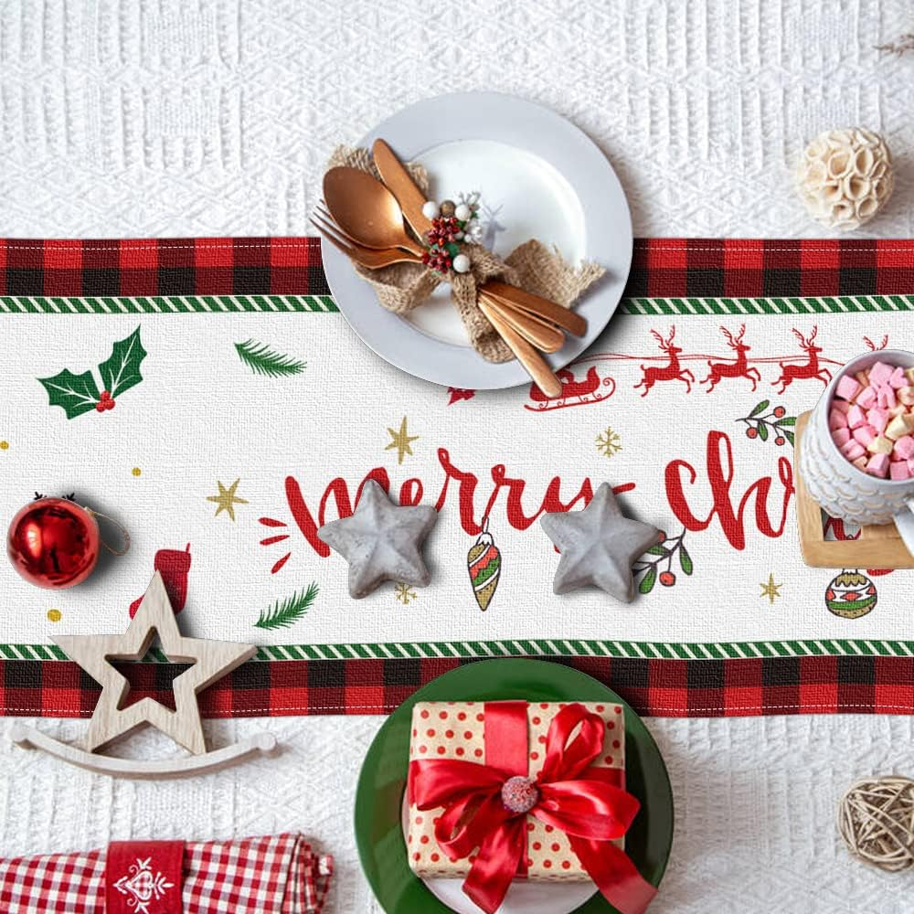 Red Plaid Christmas Table Runner Merry Christmas Snowman Table Decor
