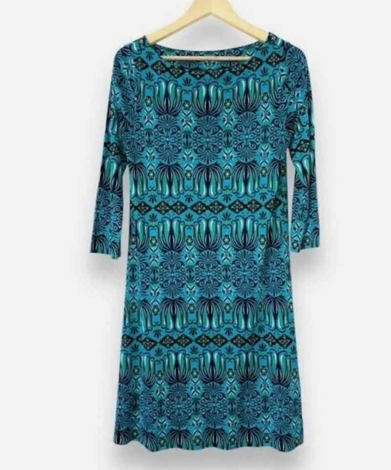 Vestido justo Tory Burch 100% seda jersey padrão turquesa manga 3/4 pequeno - Imagem 2 de 4