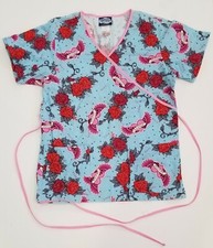 Light Blue Tattoo Roses Vines Hearts Love A Nurse Comfy Cotton Scrubs Womans M