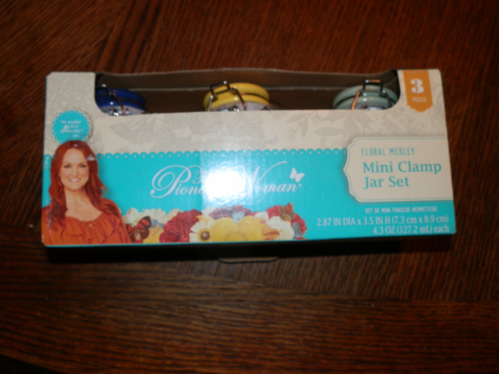 Pioneer Woman 3 pack Floral Medley Mini Clamp Jar Set 3.5" Stainless Steel Clip