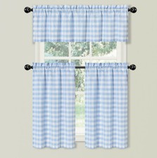 Country Farmhouse Blue Plaid Gingham 3 Pc Kitchen Curtain Tier Valance Set