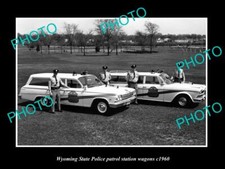 OLD POSTCARD SIZE PHOTO OF WYOMING STATE POLICE PLYMOUTH PATROL CARS c1960 1