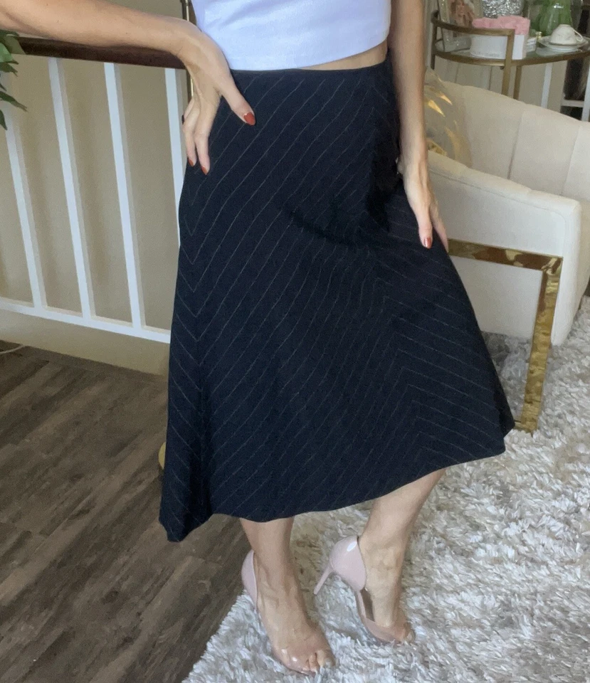 Escada Margaretha Ley Pinstripe Black Wool Knee Length Mid Rise Vintage Flare 12