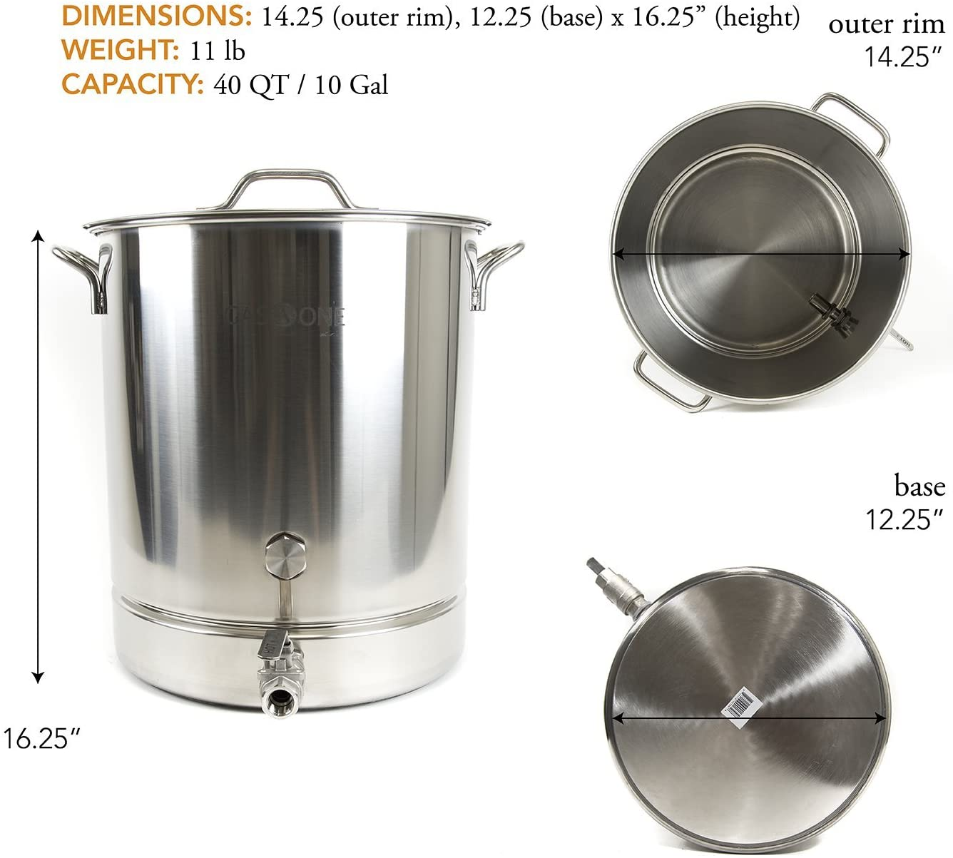 Gasone 10 Gallon Stainless Steel Home Brew Kettle Pot Pre Drilled 4 PC