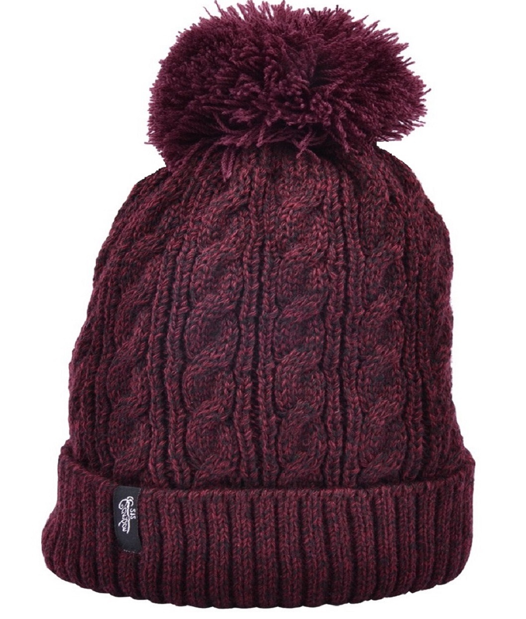 Beanie Ski Hat Cable Knit with Bobble. Wine Red fits up to Adult Small.