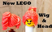 New LEGO Girl Head Makeup Pink Ponytail Eyeshadow Gold Hair Band High Pony Wig