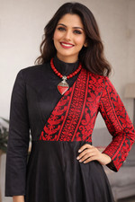 Elegant Black Maxi Dress - Red Asymmetrical Floral Embroidery