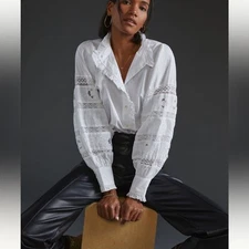 Anthropologie Love the Label White Ruffled cotton Blouse poet sleeves XS