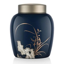 Ceramic Cat Ash Urn   Dark Blue  Golden Ornate Pet Memorial Urn