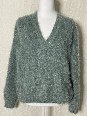 Pink Rose Women s Soft Fuzzy Green Sweater Cozy V Neck Sz M Cottage Core Top