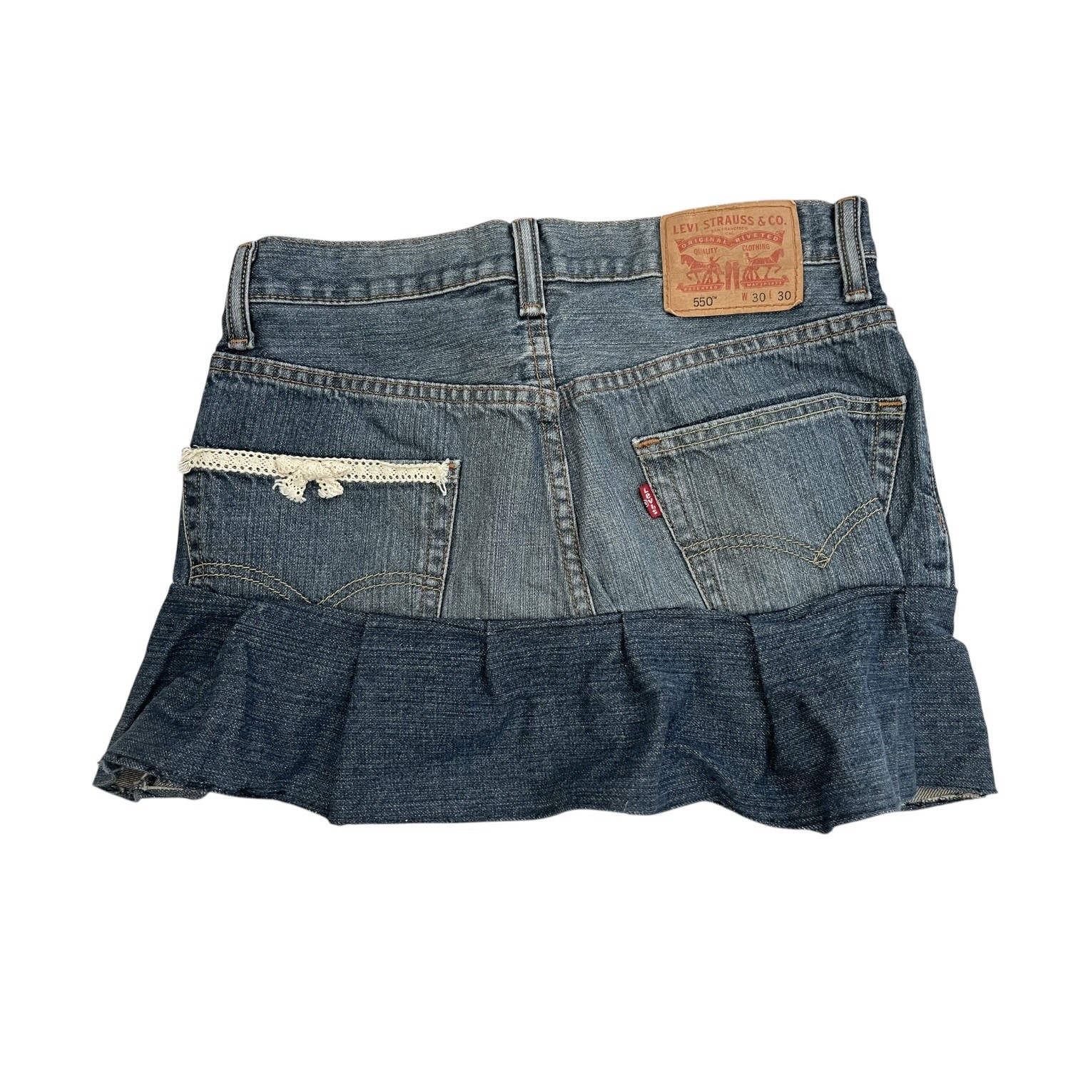 Levi’s 550 Upcycled Patchwork Denim Mini Skirt Ru… - image 2