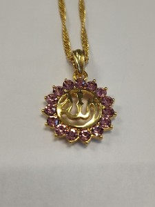 Authentic Gold Plated Necklace Pink Crystals Muslim God Allah Islam Pendant With Chain