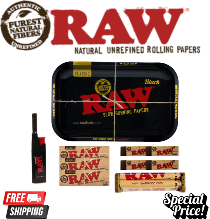 RAW Black Tray + RAW Classic Papers 1 1/4 + Tips + 79mm Machine & Tube Lighter