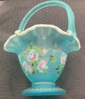 BEAUTIFUL FENTON SATIN BLUE ART GLASS BASKET HAND PAINTED BY M. CAPLINGER