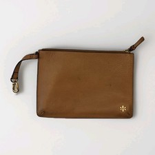 Tory Burch Tan Luggage Leather Flat Zip Clutch Wristlet Pouch Gold Double T Logo