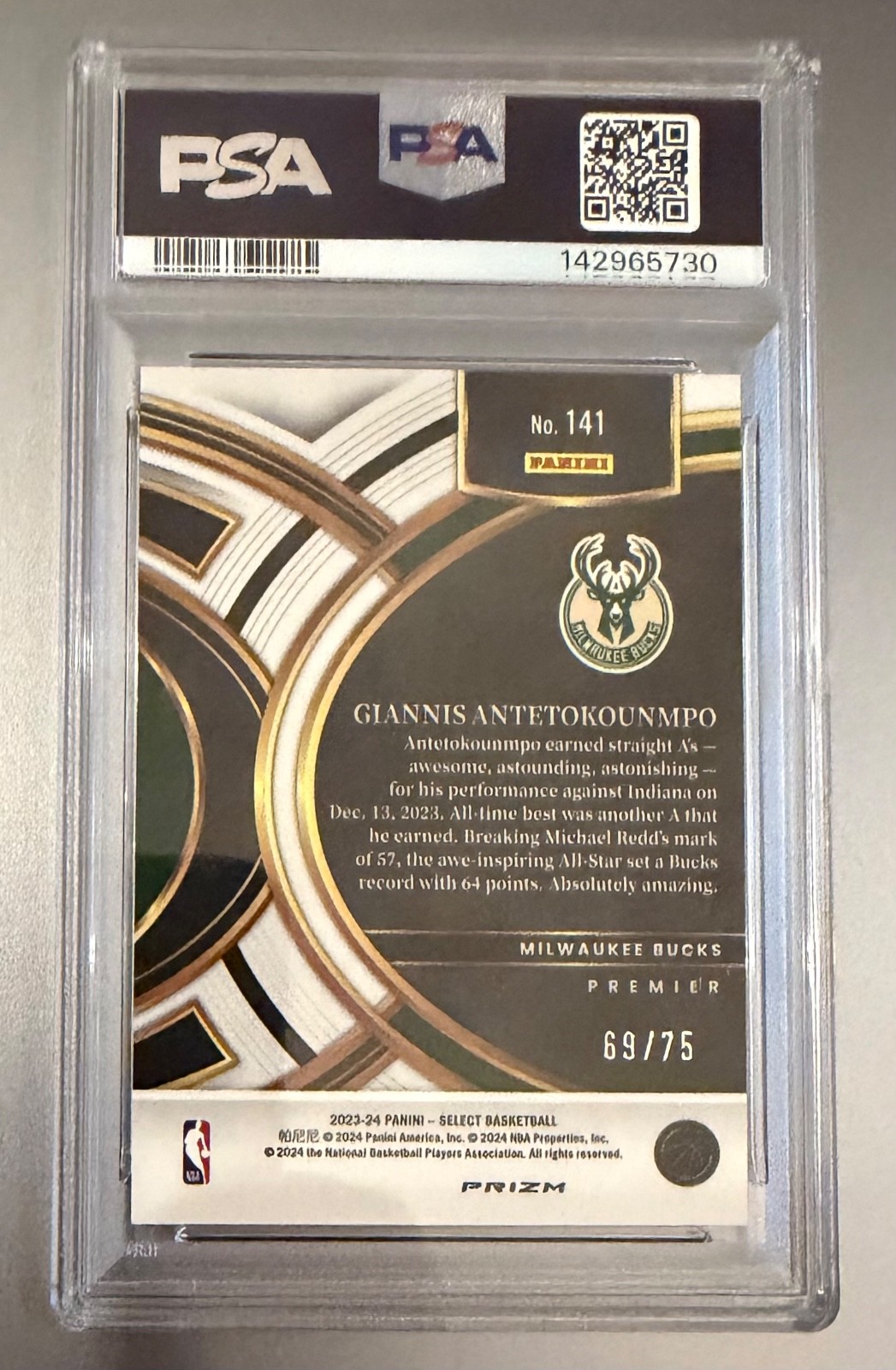 2023 Panini Select Giannis Antetokounmpo Premier White Disco Prizm /75 PSA 10 view 2