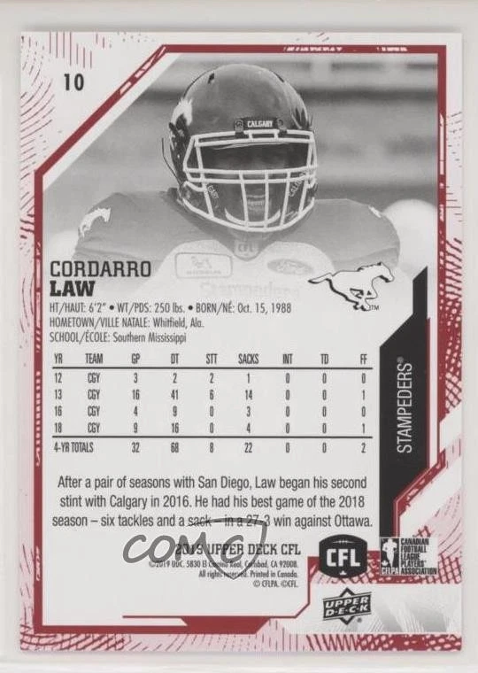 2019 Upper Deck CFL Red /150 Cordarro Law #10 - Image 2 of 2