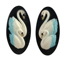 Miller Studio Chalkware Swan Wall Plaques Black Oval Plaster Set Pair 1965