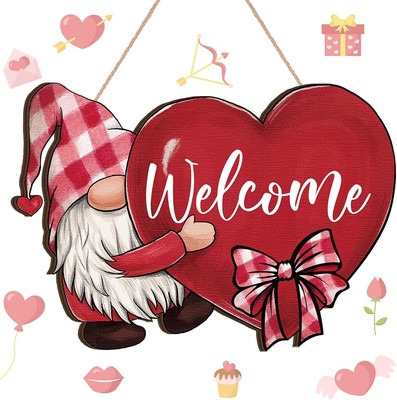 Valentine'S Day Gnome Welcome Sign for Front Door Wooden Red Love Heart Hanging