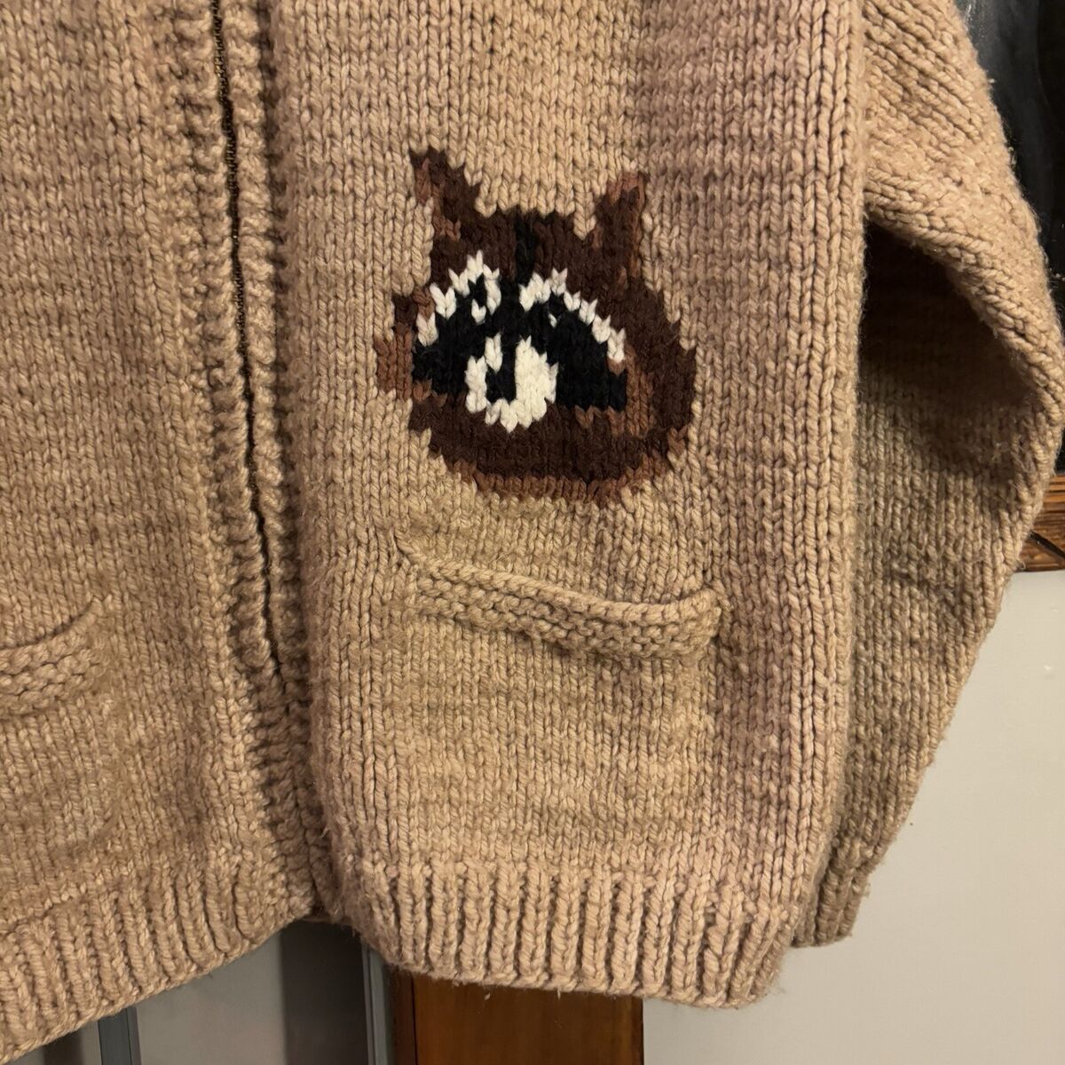 Vintage 60s Cowichan Raccoon Hand Knit Full Zip Brown Beige Vintage 60s Cowichan Raccoon Hand Knit Full Zip Brown Beige