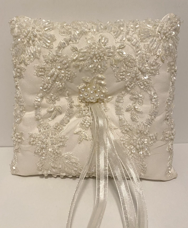  Almohada Anillo, Boda Cuentas Encaje Alta Calidad, Blanco, NUEVO Talla 7" Foto 2 de 4