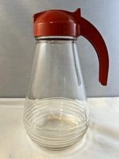 Vintage Hazel Atlas Syrup or Batter Pitcher Clear Glass W/Red/Orange Plastic Lid