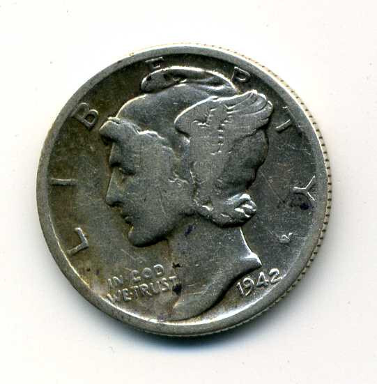 1942 P Mercury Head Dime 90% .900 Silver US 10 Cent U.S American 10c Coin #7848
