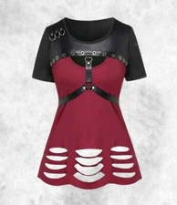 New Black & Red Gothic PU Strap Studded Slashed T-Shirt Top size M 14 16 18