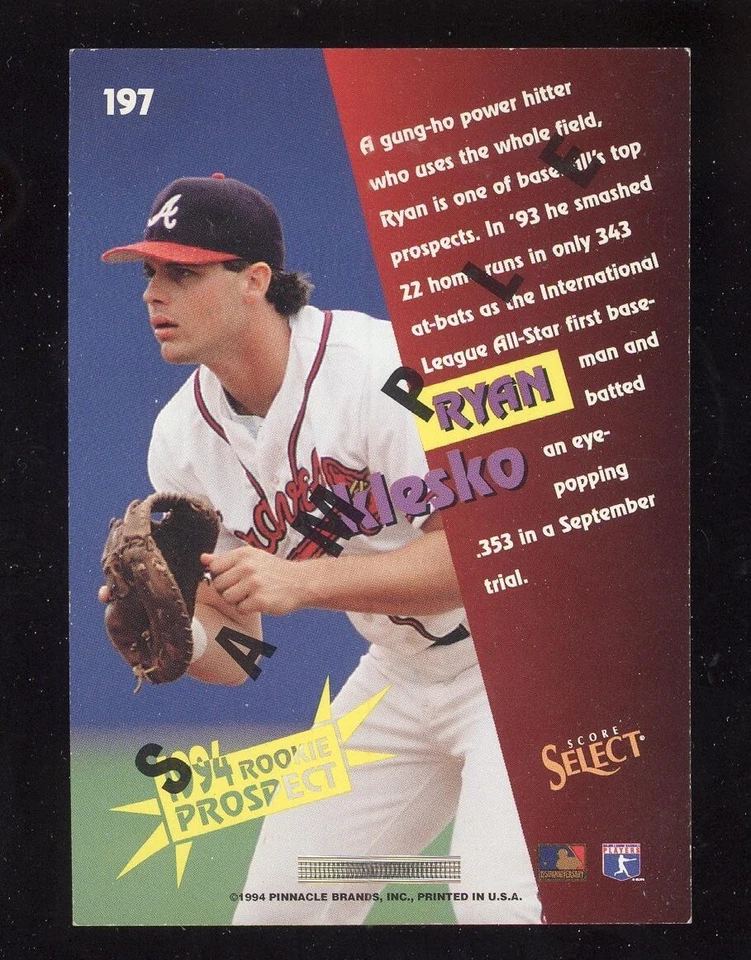RYAN KLESKO 1994 ROOKIE PROSPECT SCORE SELECT SAMPE #197 ATLANTA BRAVES - Image 2 of 2