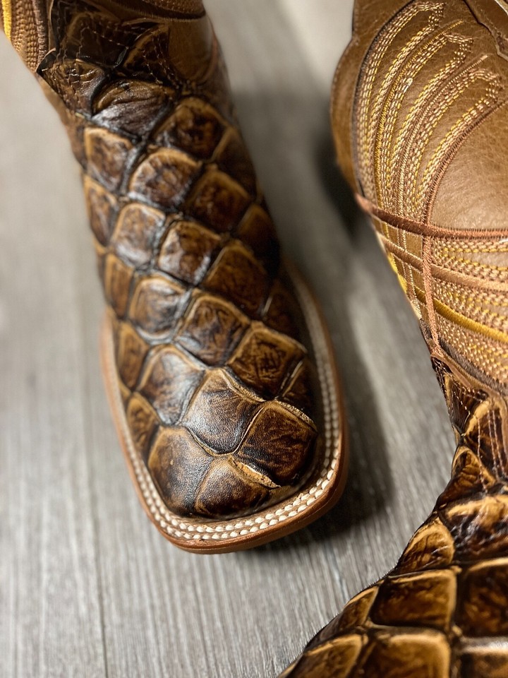 MEN'S RODEO COWBOY FISH PIRARUCU PRINT WESTERN SQUARE TOE BOOTS COGNAC ...