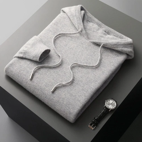 Hombres 100% Lana Suéter con Capucha Color Sólido Cachemira Sudadera con Capucha Cálida Sudadera - Imagen 11 de 28