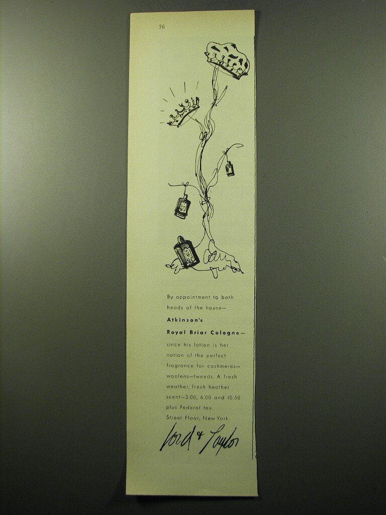 1950 Lord Taylor Atkinson's Royal Briar Cologne Ad By