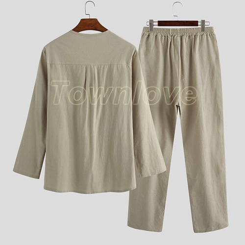 Mens Long Sleeve Cotton Linen Casual Loose Pajamas Suits Night Loungewear Set - Picture 6 of 27
